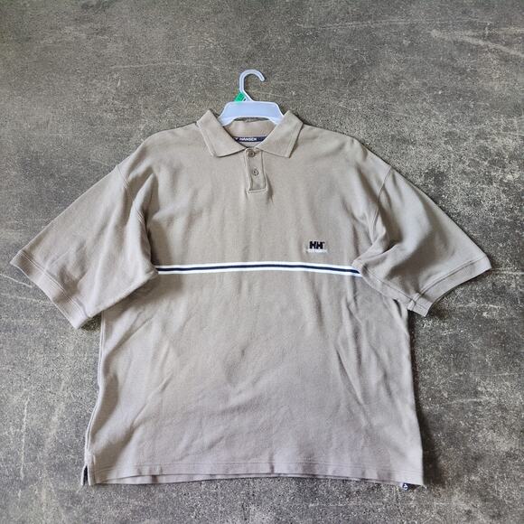 Vintage Helly Hansen Polo Shirt Mens L Tan 90s Oversized Heavyweight Preppy - Picture 1 of 8